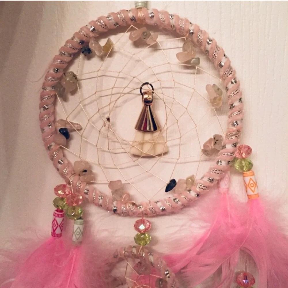 Pink Dreamcatcher Wall Hanging with Feathers